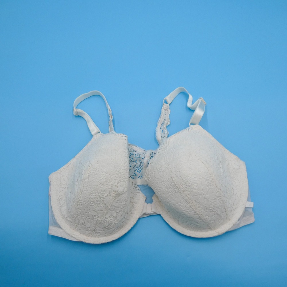 Victoria Secret Bra Womens 36DD Lined Demi White Lace Front Close Polyamide